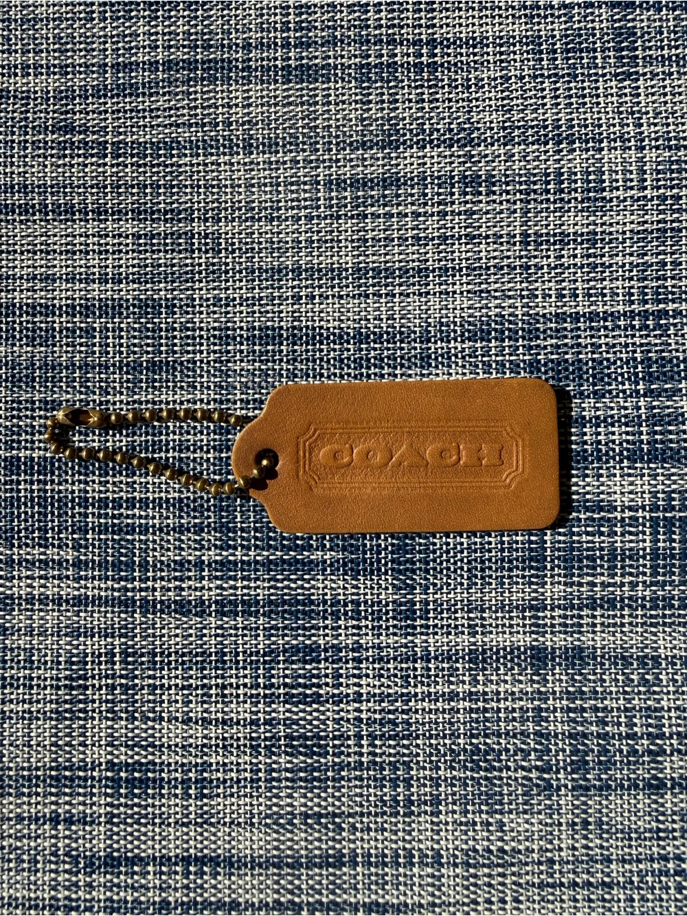 Vintage Coach Hangtag Chamois/Camel, Two Sided 90s, “Ball Chain” 2 1/4x1 Inches